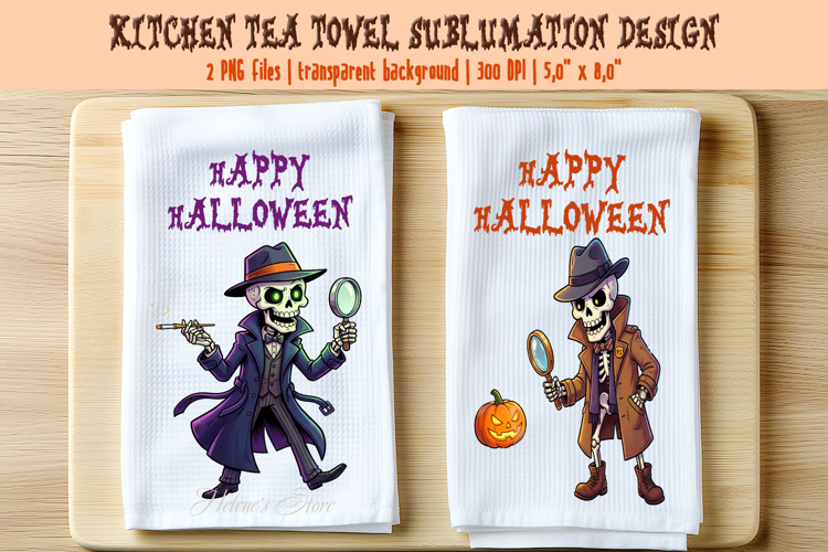 Funny Halloween Detective Skeleton kitchen towel designs PNG