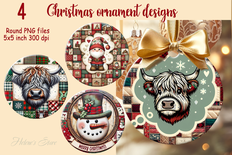 Christmas patchwork round ornament sublimation designs PNG