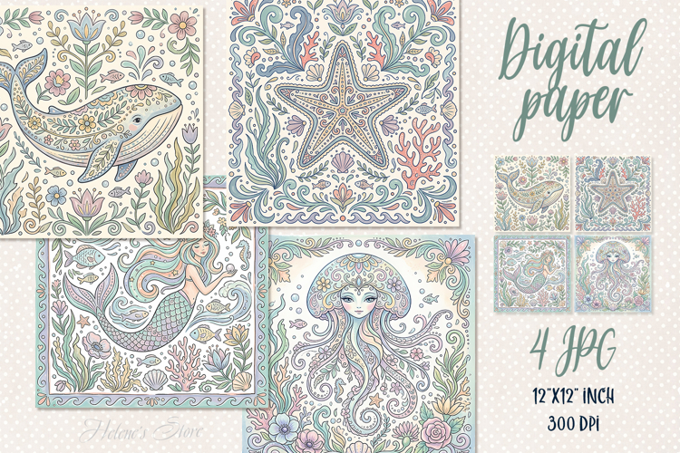 Folk floral ocean tiles digital papers jpeg | Scrap booking