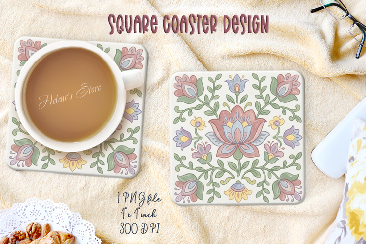 Pastel floral retro folk tile pattern square coaster designs