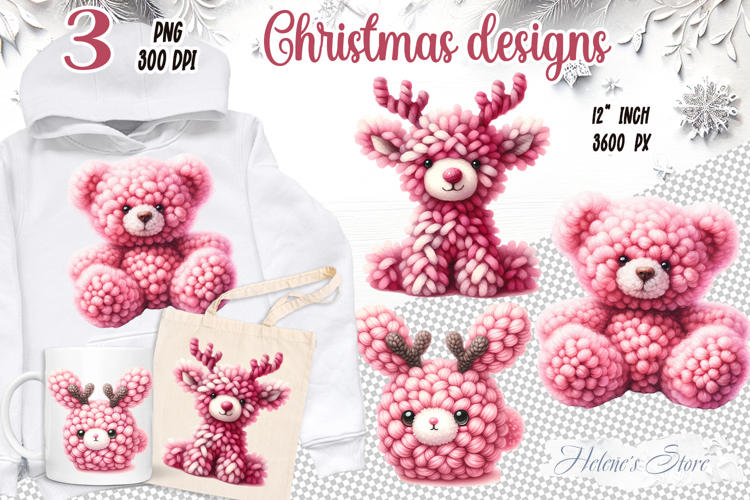 Pink Christmas crochet yarn toy clipart|Cute sublimation png
