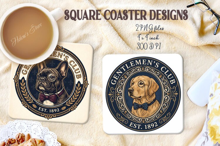 Vintage Gentlemen Dog square coasters sublimation design png example image 1