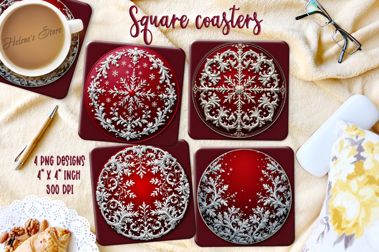 Vintage Christmas silver pattern square coasters sublimation