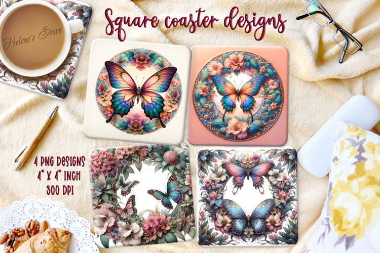 Fantasy butterfly on floral frame square coaster design png