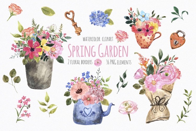 Watercolor Spring Floral Garden Clipart Easter example image 1