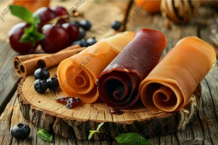 Assorted fruit leather rolls on rustic wooden table