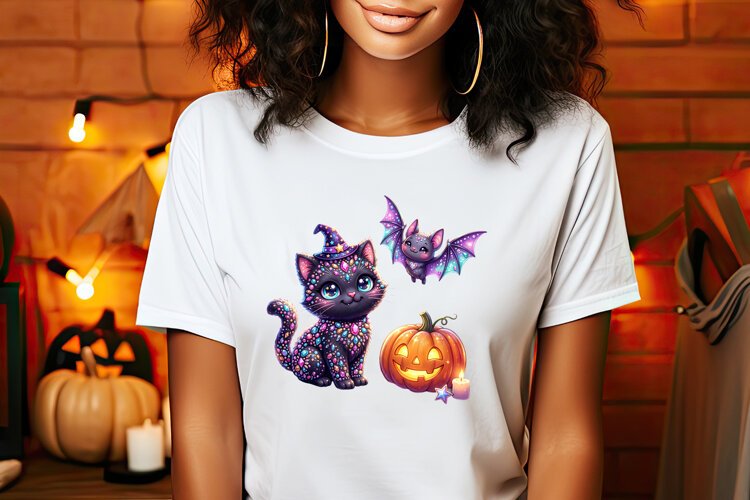 Cute Halloween clipart | Kawaii black cat sublimation design example image 1