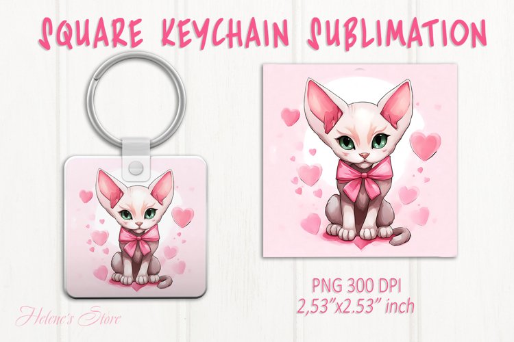 Cute cat keychain sublimation | Pink love Square keychain example image 1