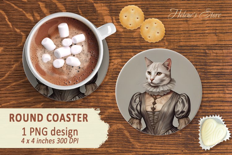 Lady cat Round Coaster sublimation| cat in medieval costume example image 1
