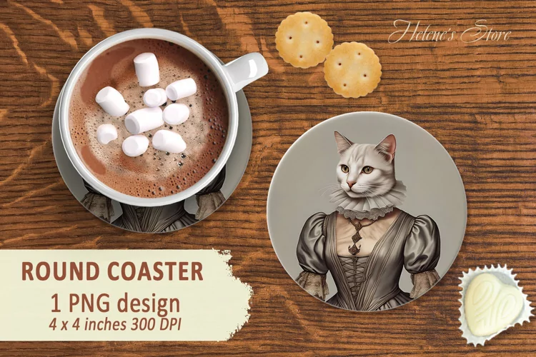 Lady cat Round Coaster sublimation| cat in medieval costume