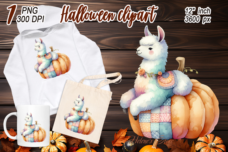 Watercolor Llama on pumpkin clipart png |Fall Animals design