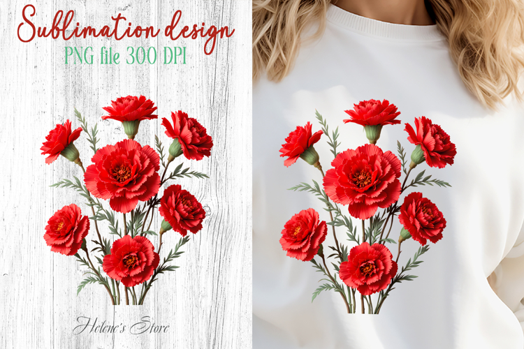 Red Carnations flowers sublimation design png|Floral clipart