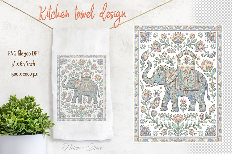 Cute pastel folk elephant floral pattern kitchen towel png