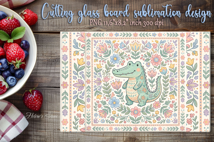 Pastel alligator folk floral tile glass cutting board design