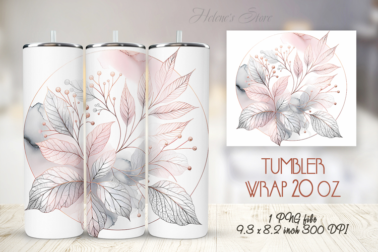 Pink watercolor leaves straight tumbler 20oz wrap designs