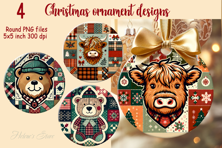 Christmas patchwork round ornament sublimation designs PNG