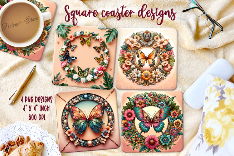 Fantasy butterfly on floral frame square coaster design png