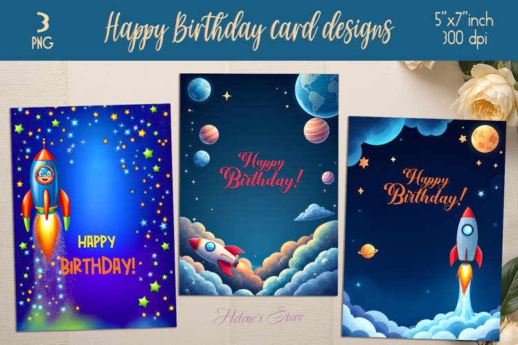 Spacecraft greeting card design| Cosmic Happy Birthday cards