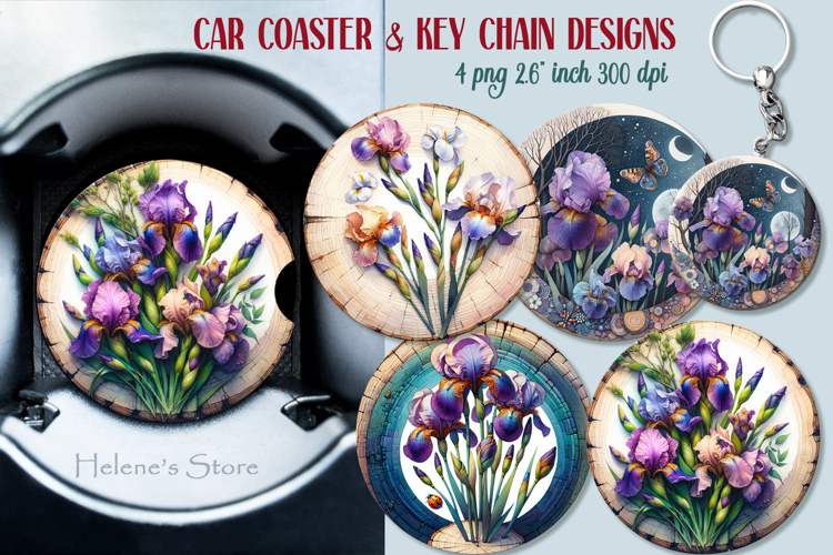 Spring round key chain designs | Blooming garden Car coaster