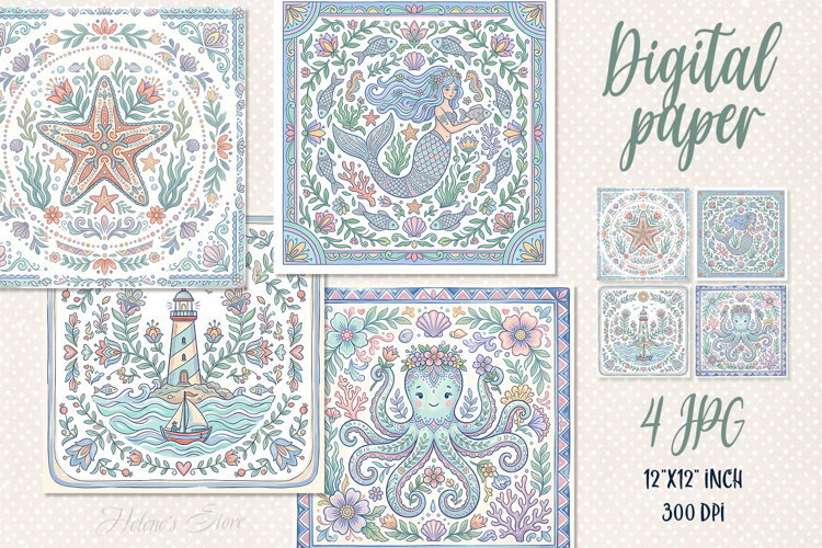 Folk floral ocean tiles digital papers jpeg | Scrap booking