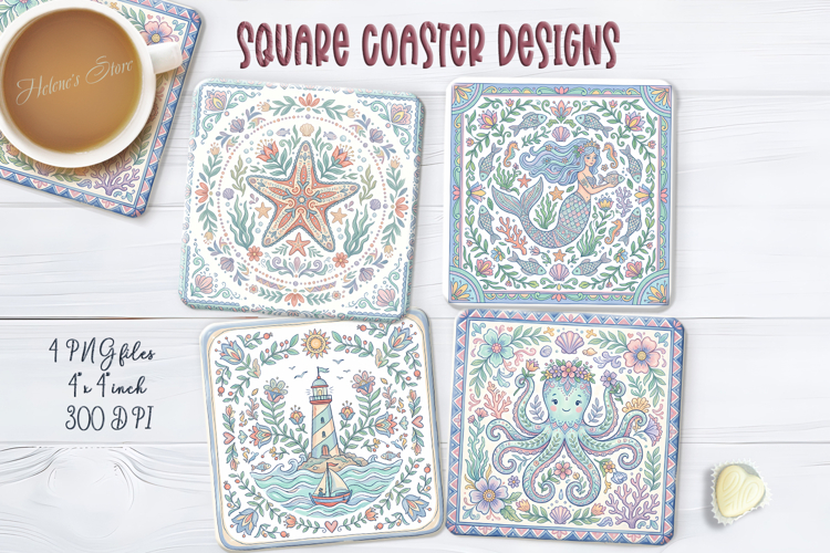 Pastel Ocean retro folk tile pattern square coasters png example image 1