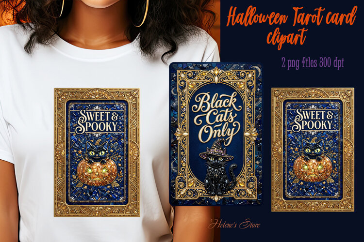 Sweet Black Cat sublimation design|Halloween Tarot card png example image 1