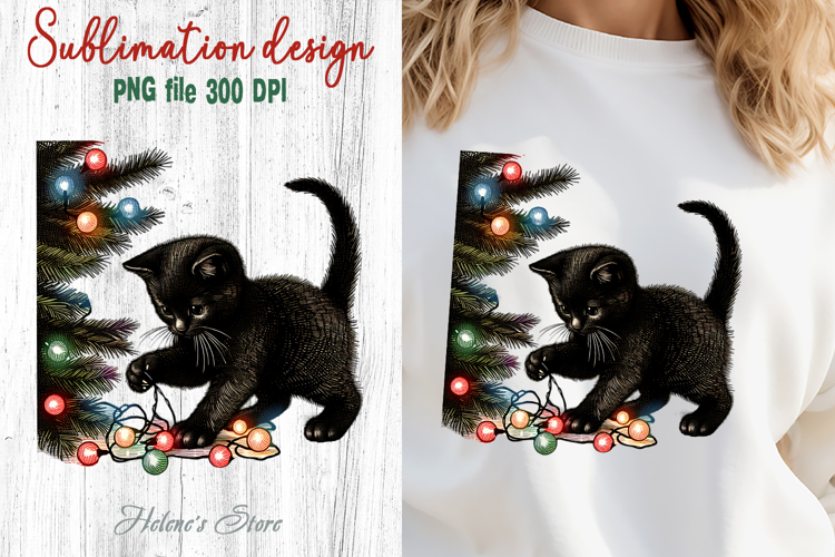 Christmas lights & black cat clipart| Winter t shirt designs
