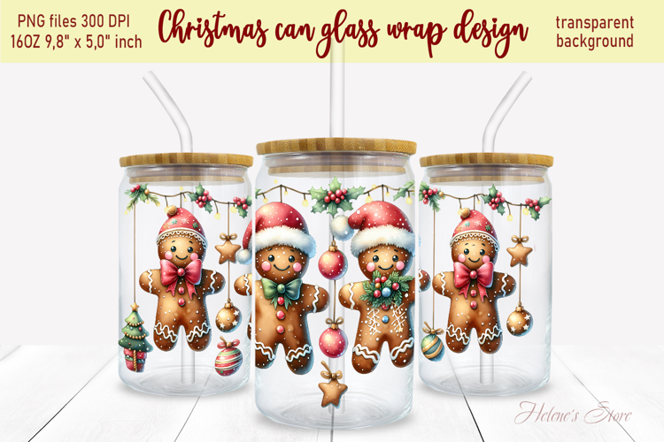Marry Christmas gingerbread can glass wrap 16oz png