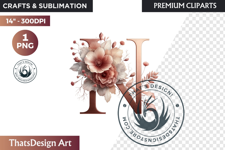 Floral Alphabet wedding Clipart Rose Gold flower letter