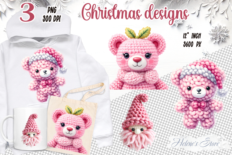 Pink Christmas crochet yarn toy clipart|Cute sublimation png