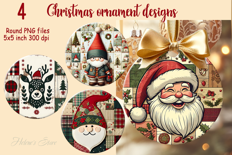 Christmas patchwork round ornament sublimation designs PNG