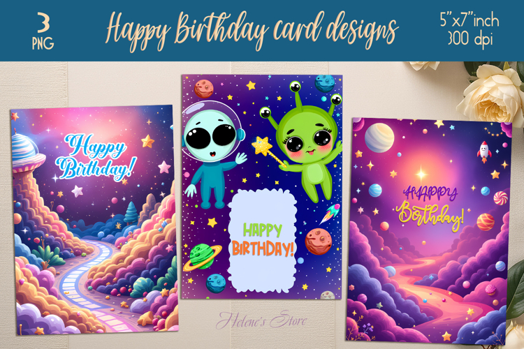 Spacescape greeting card design| Cosmic Happy Birthday card