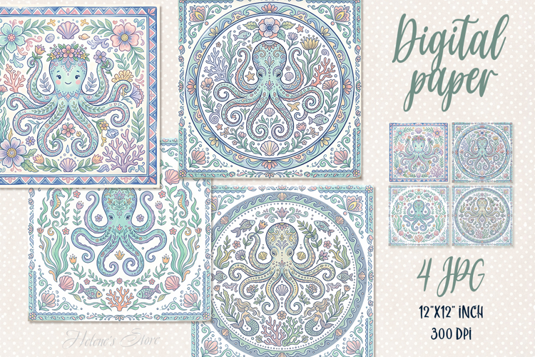 Folk floral ocean tiles digital papers jpeg | Scrap booking