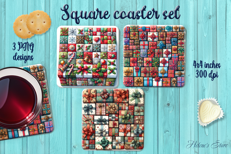 Patchwork gift box Christmas square coasters sublimation png example image 1