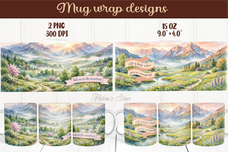 Mountains mug wrap sublimation | Spring camping mug wrap png
