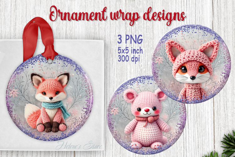 Christmas fox round ornament designs| Pink forest animals