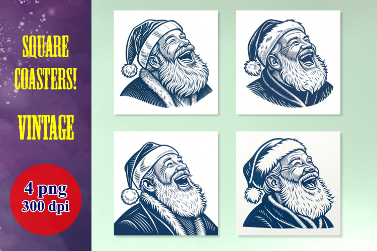4 Vintage Laughing Santa Coasters PNG Bundle - Retro Claus