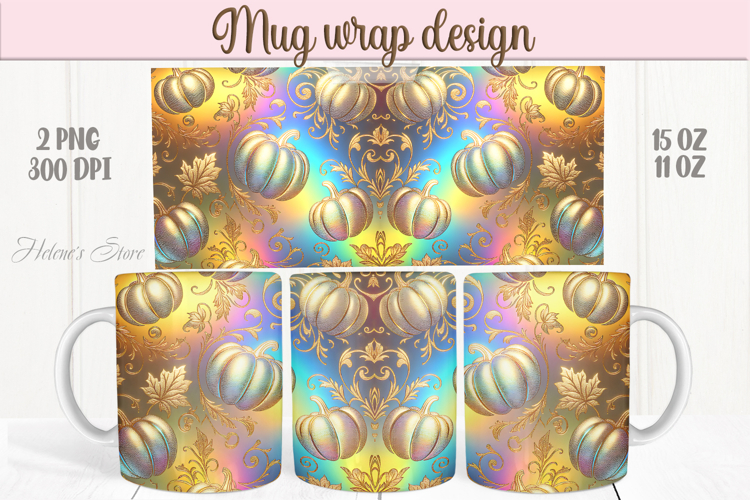 Happy Halloween day mug wrap design png|3d Gold neon pumpkin