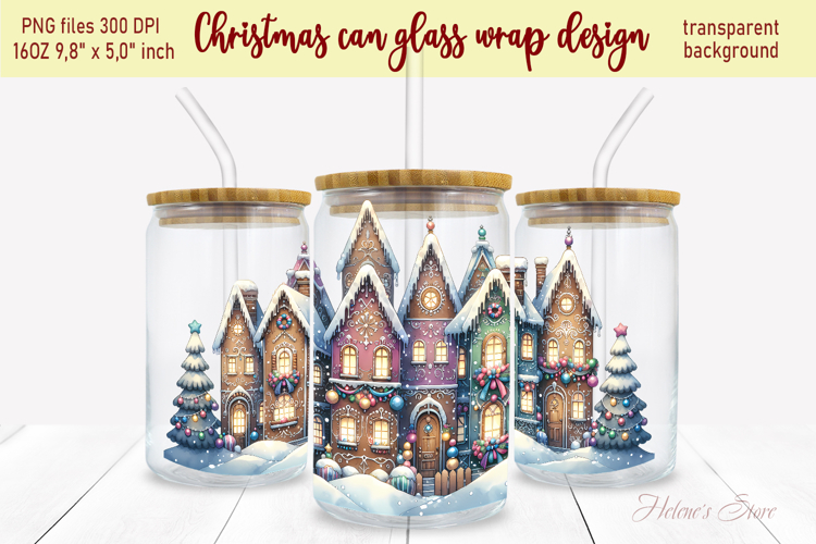 Marry Christmas gingerbread can glass wrap 16oz| Winter town
