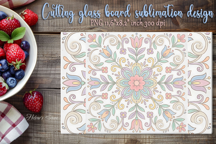 Pastel floral folk tile glass kitchen cutting board design