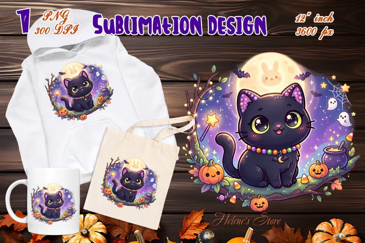Cute Halloween clipart | Kawaii black cat sublimation design
