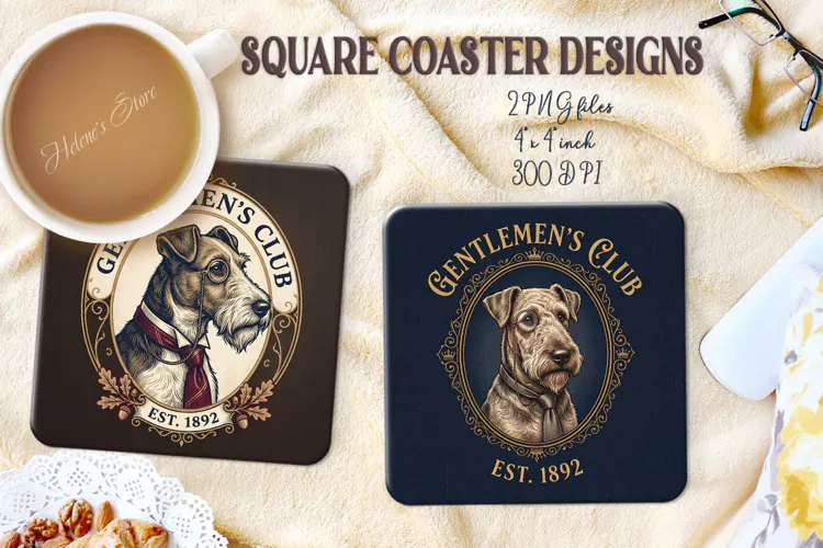 Vintage Gentlemen Dog square coasters sublimation design png