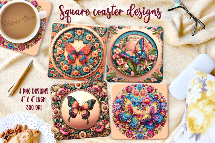 Fantasy butterfly on floral frame square coaster design png