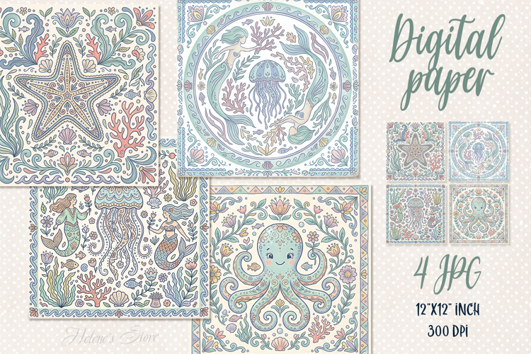 Folk floral ocean tiles digital papers jpeg | Scrap booking