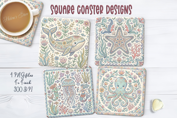 Pastel Ocean retro folk tile pattern square coasters png example image 1