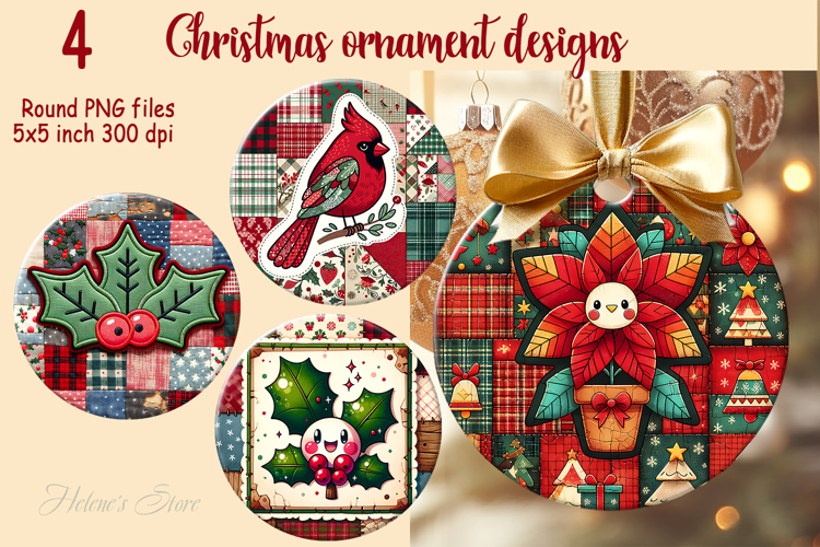 Christmas patchwork round ornament sublimation designs PNG