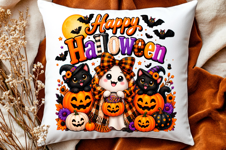 Happy Halloween cute ghost and black cat pumpkin design
