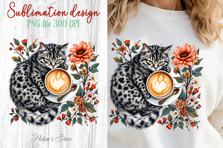 Coffee   cat in flowers sublimation design| Cute cat clipart