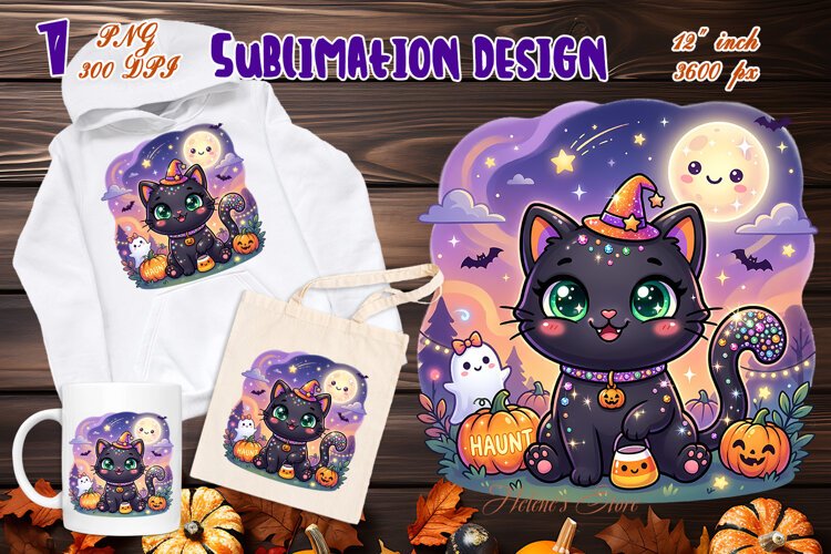 Cute Halloween clipart | Kawaii black cat sublimation design example image 1