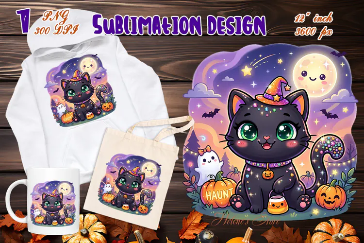 Cute Halloween clipart | Kawaii black cat sublimation design
